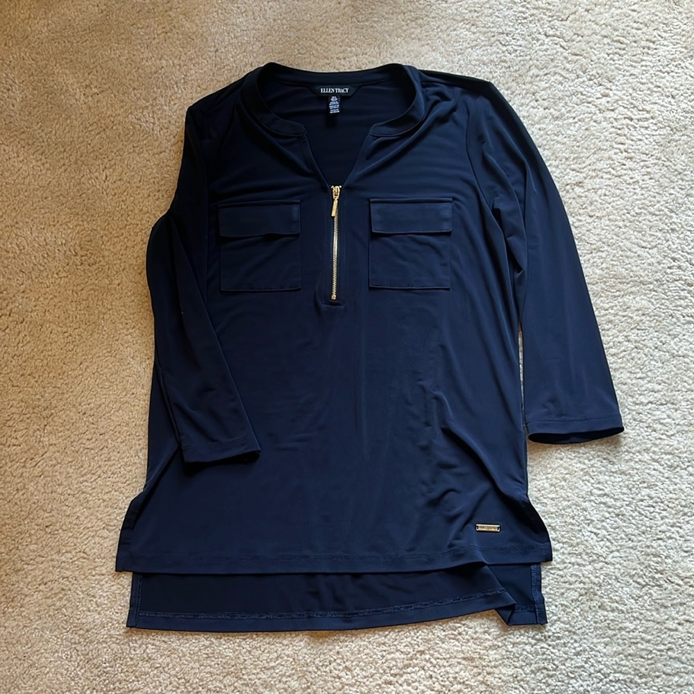 Navy long sleeve light fit material shirt with gold accents